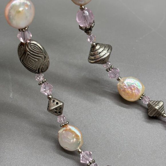 Artisan Silver Plated Bead Necklace Coin Pearl Pink Crystal Floral Toggle Clasp - Picture 5 of 9